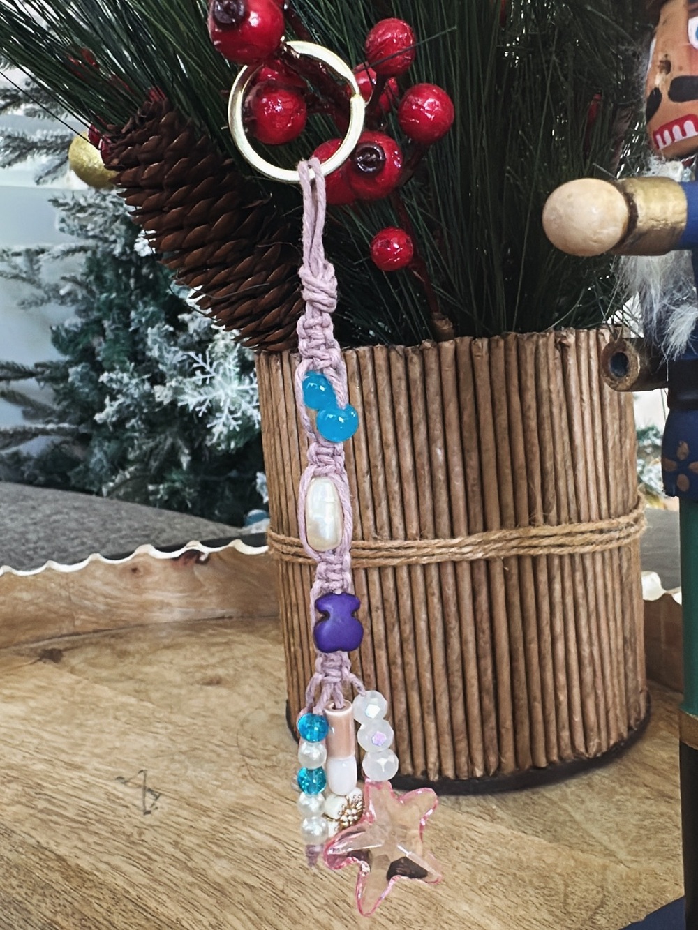 Handmade Pink Beaded Star Keychain - Women Accessories